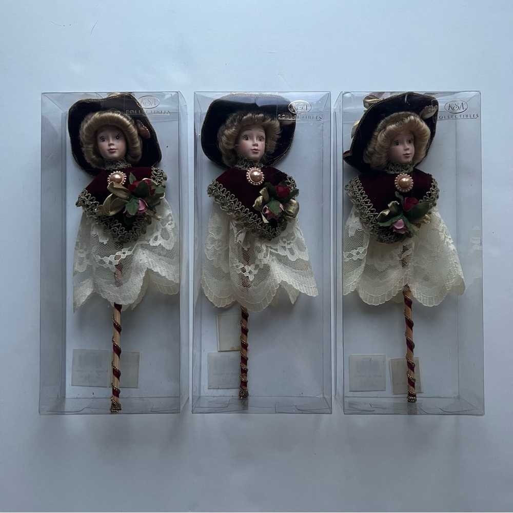 Lot 3 Vintage Kurt S Adler Victorian Porcelain Doll Christmas Ornaments Burgundy